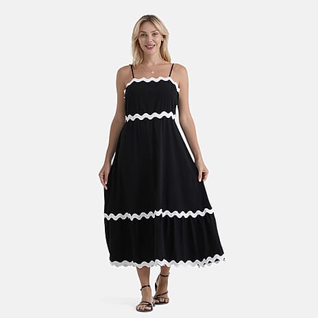 La Marey Square Neck Contrast Scallop Midi Dress (Size L, 16-18) - Black