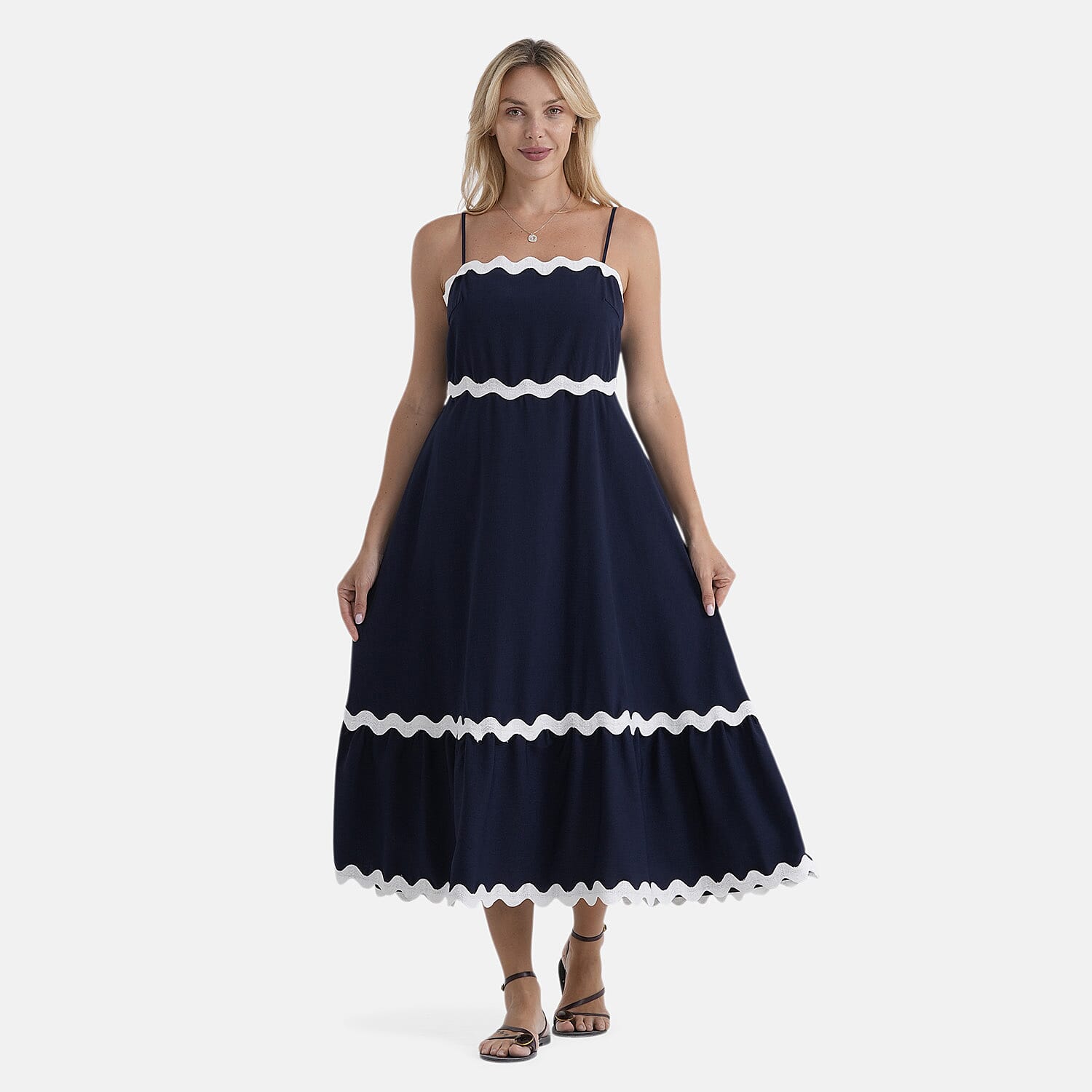 La Marey Square Neck Contrast Scallop Midi Dress