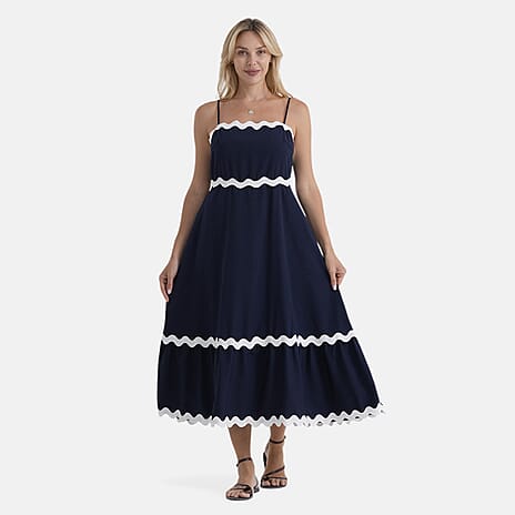 La Marey Square Neck Contrast Scallop Midi Dress (Size S, 8-10) - Navy Blue