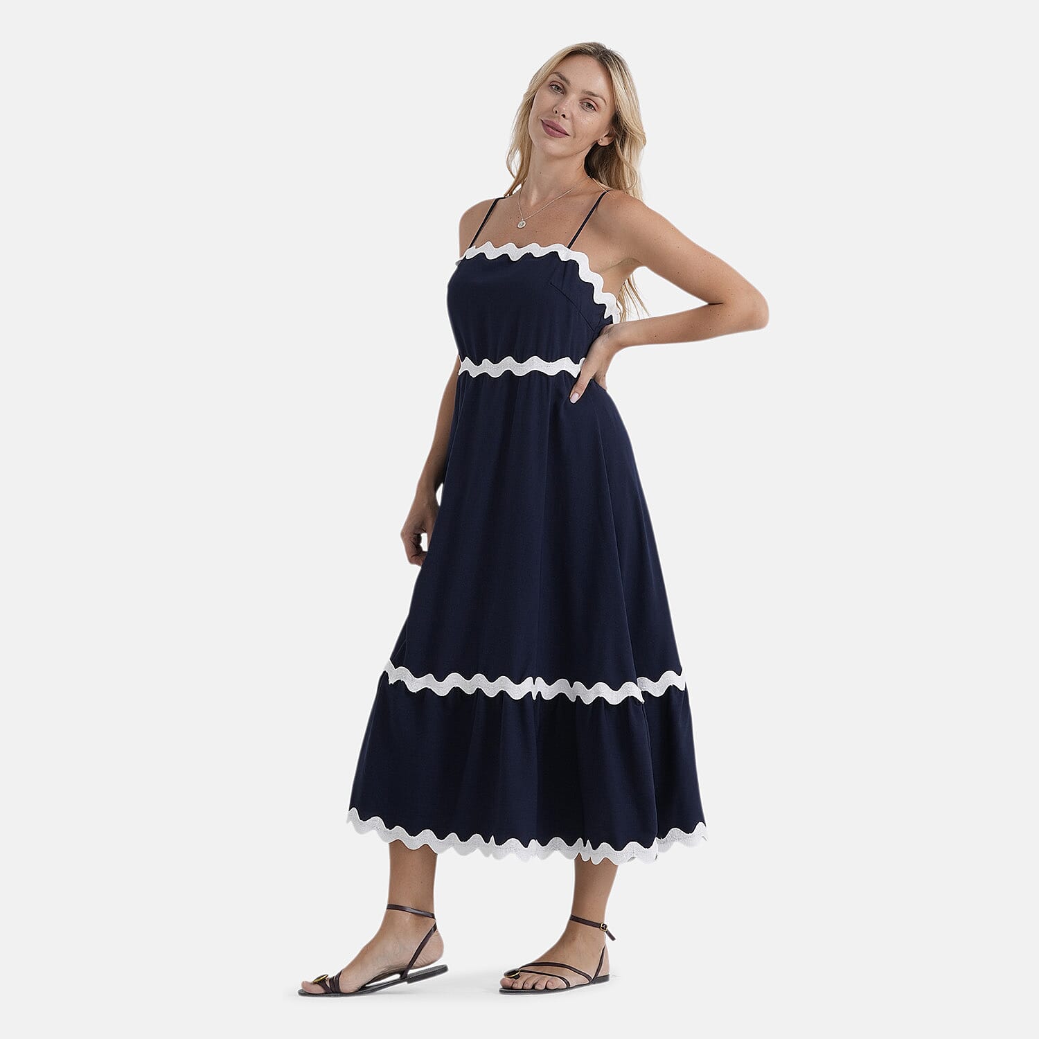 La Marey Square Neck Contrast Scallop Midi Dress