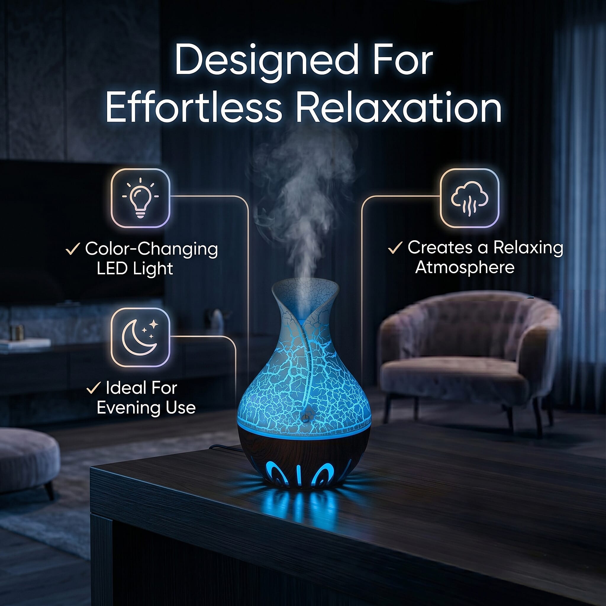 Ultrasonic Humidifier and 7 Essential Oils - Peppermint,  Jasmine, Lemongrass, Eucalyptus, Rose, Lavender, Orange (200ml) - White - Light - Dark Brown