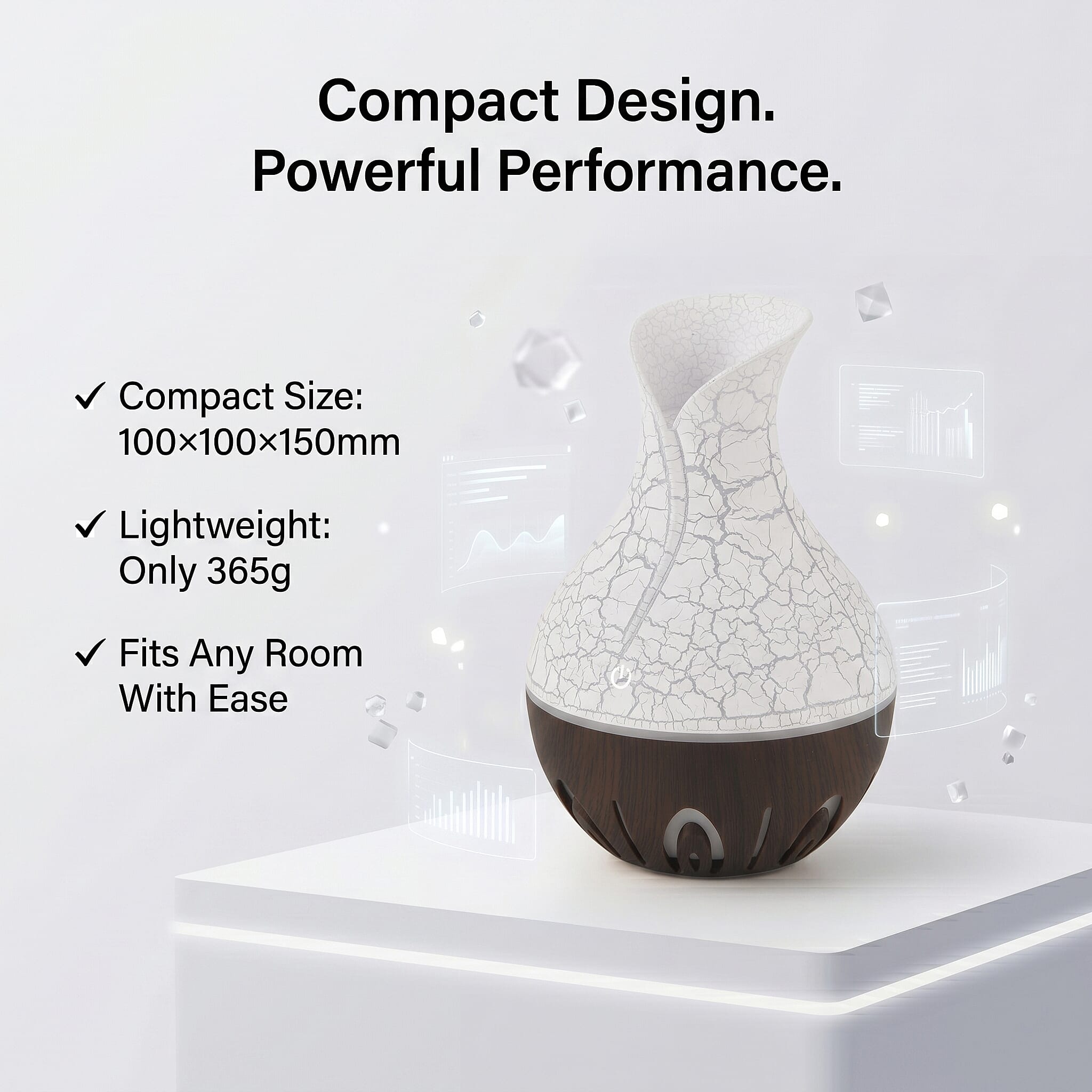 Ultrasonic Humidifier and 7 Essential Oils - Peppermint,  Jasmine, Lemongrass, Eucalyptus, Rose, Lavender, Orange (200ml) - White - Light - Dark Brown