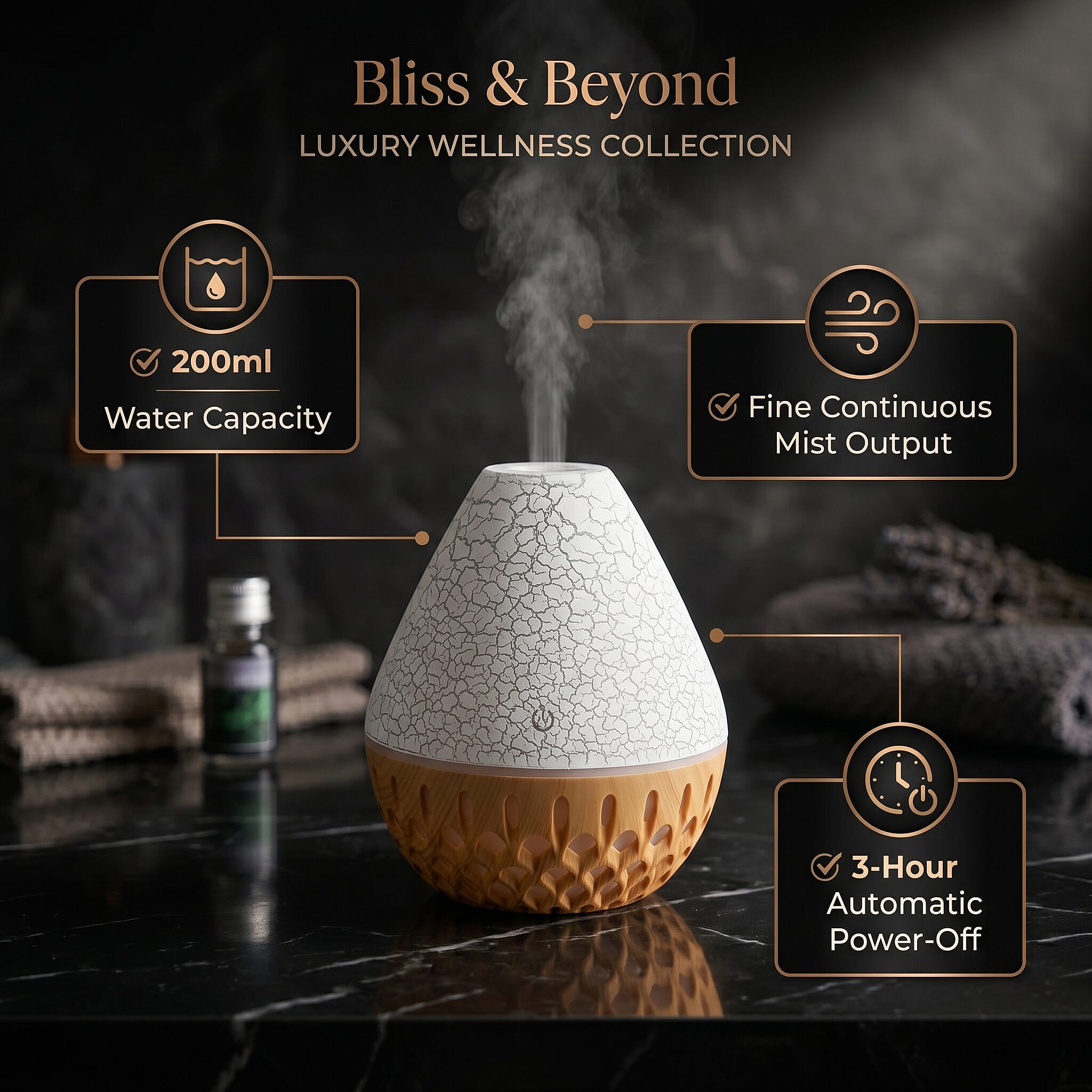 Ultrasonic Humidifier and 7 Essential Oils - Peppermint,  Jasmine, Lemongrass, Eucalyptus, Rose, Lavender, Orange (200ml) - White - Light Brown