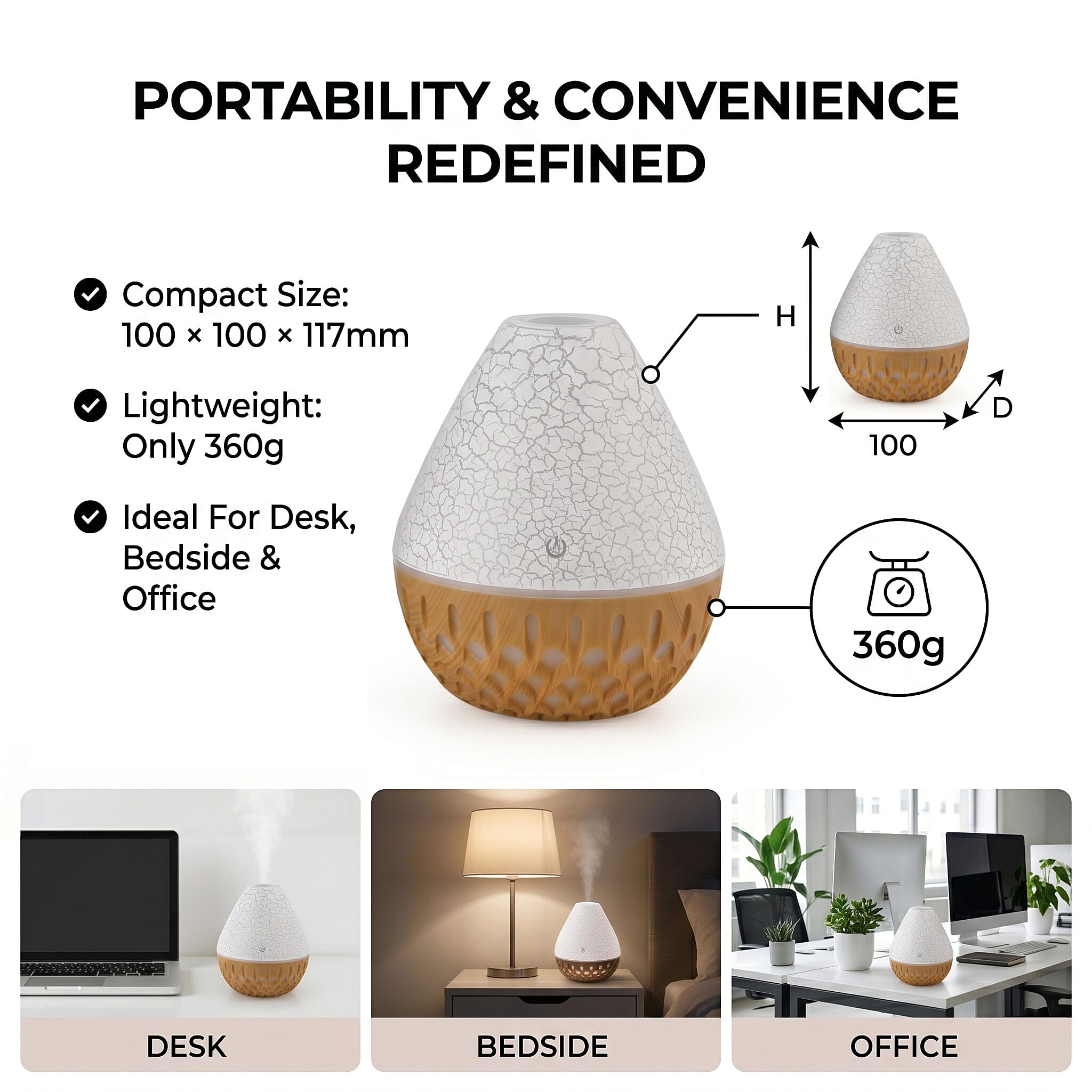 Ultrasonic Humidifier and 7 Essential Oils - Peppermint,  Jasmine, Lemongrass, Eucalyptus, Rose, Lavender, Orange (200ml) - White - Light Brown