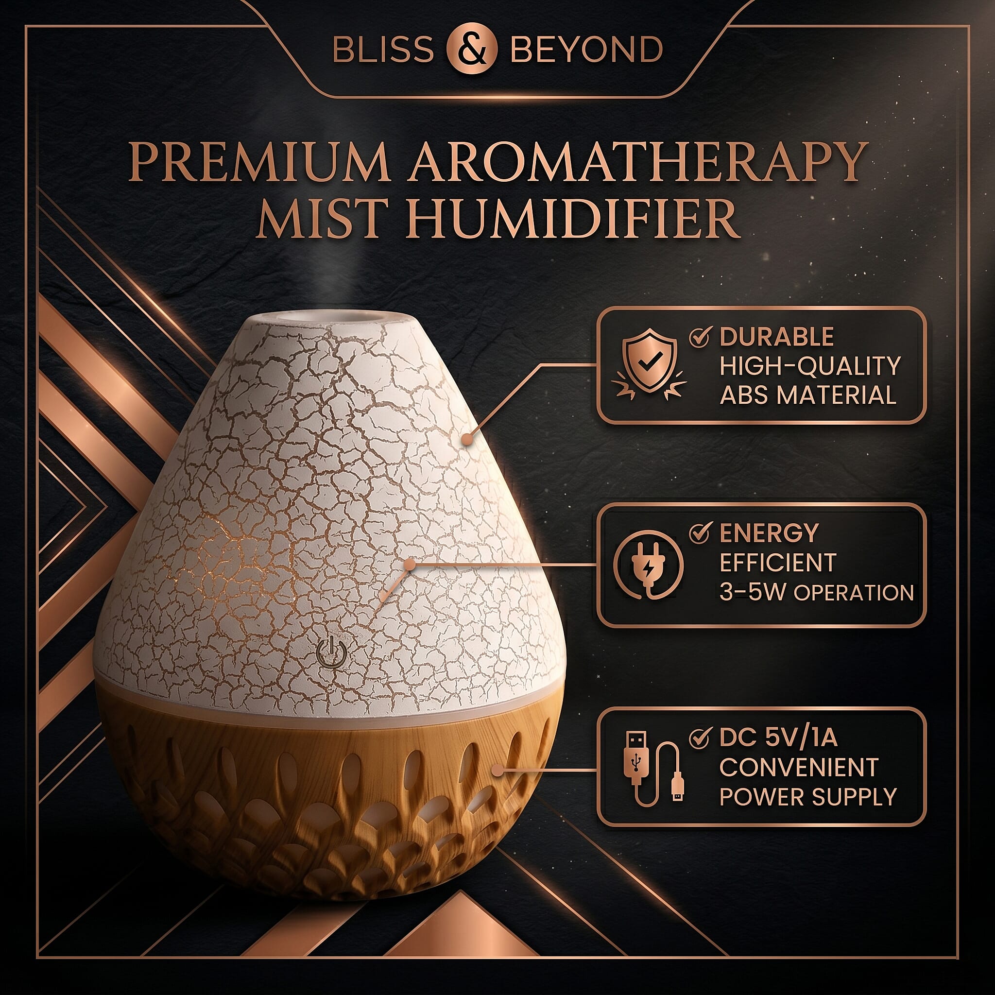 Ultrasonic Humidifier and 7 Essential Oils - Peppermint,  Jasmine, Lemongrass, Eucalyptus, Rose, Lavender, Orange (200ml) - White - Light Brown
