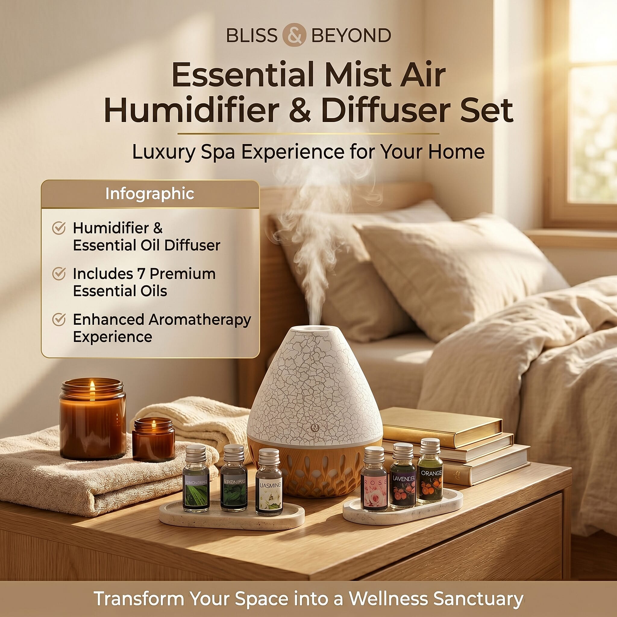 Ultrasonic Humidifier and 7 Essential Oils - Peppermint,  Jasmine, Lemongrass, Eucalyptus, Rose, Lavender, Orange (200ml) - White - Light Brown