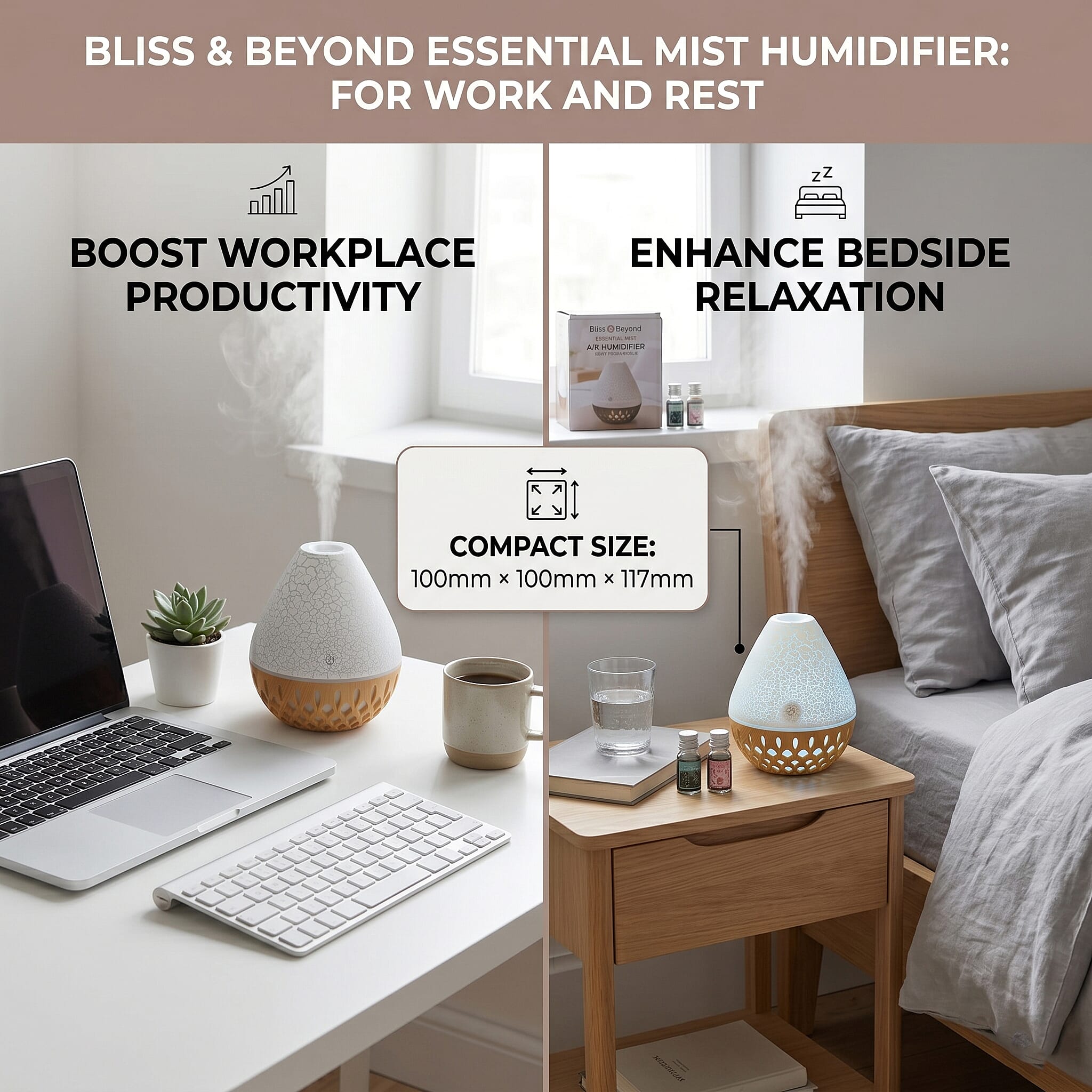 Ultrasonic Humidifier and 7 Essential Oils - Peppermint,  Jasmine, Lemongrass, Eucalyptus, Rose, Lavender, Orange (200ml) - White - Light Brown