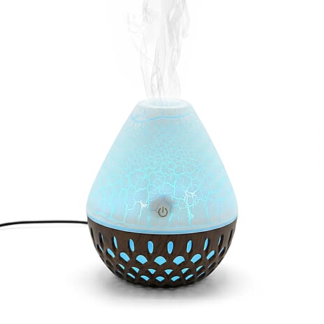 Ultrasonic Humidifier and 7 Essential Oils - Peppermint, Jasmine, Lemongrass, Eucalyptus, Rose, Lavender, Orange (200ml) - White - Light Dark Brown