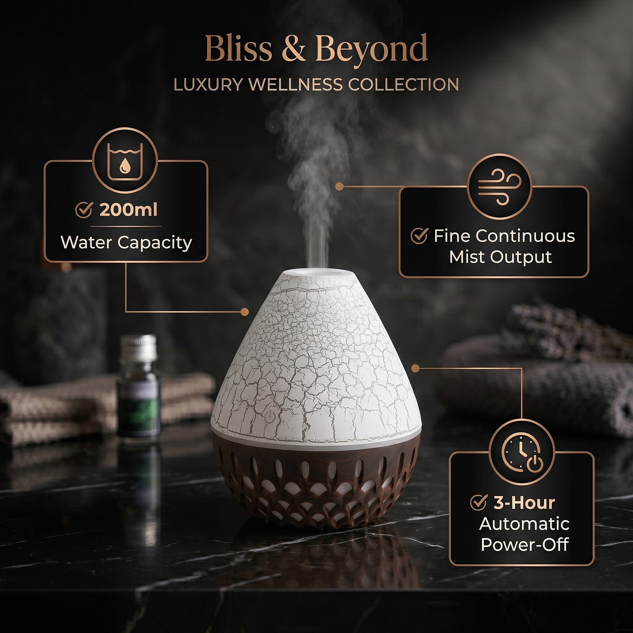Ultrasonic Humidifier and 7 Essential Oils - Peppermint, Jasmine, Lemongrass, Eucalyptus, Rose, Lavender, Orange (200ml) - White - Light Dark Brown
