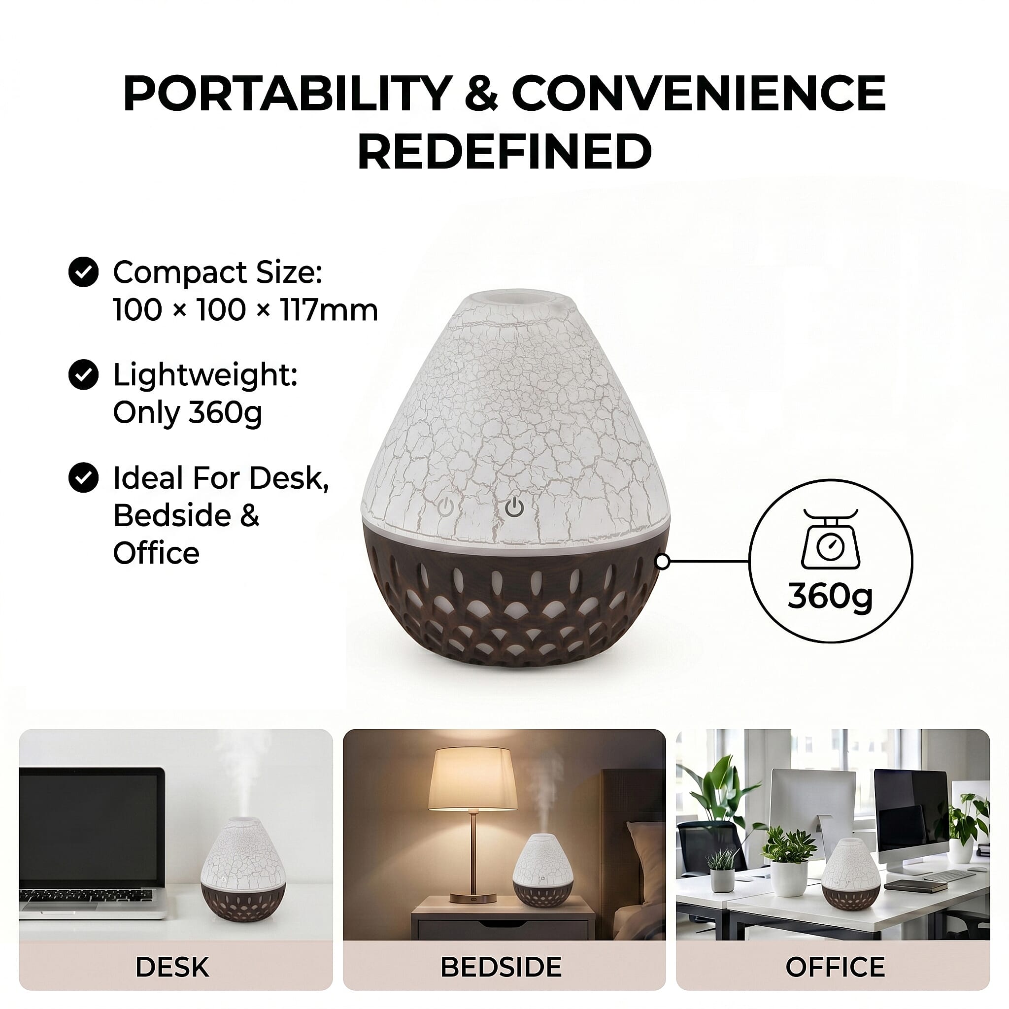 Ultrasonic Humidifier and 7 Essential Oils - Peppermint, Jasmine, Lemongrass, Eucalyptus, Rose, Lavender, Orange (200ml) - White - Light Dark Brown
