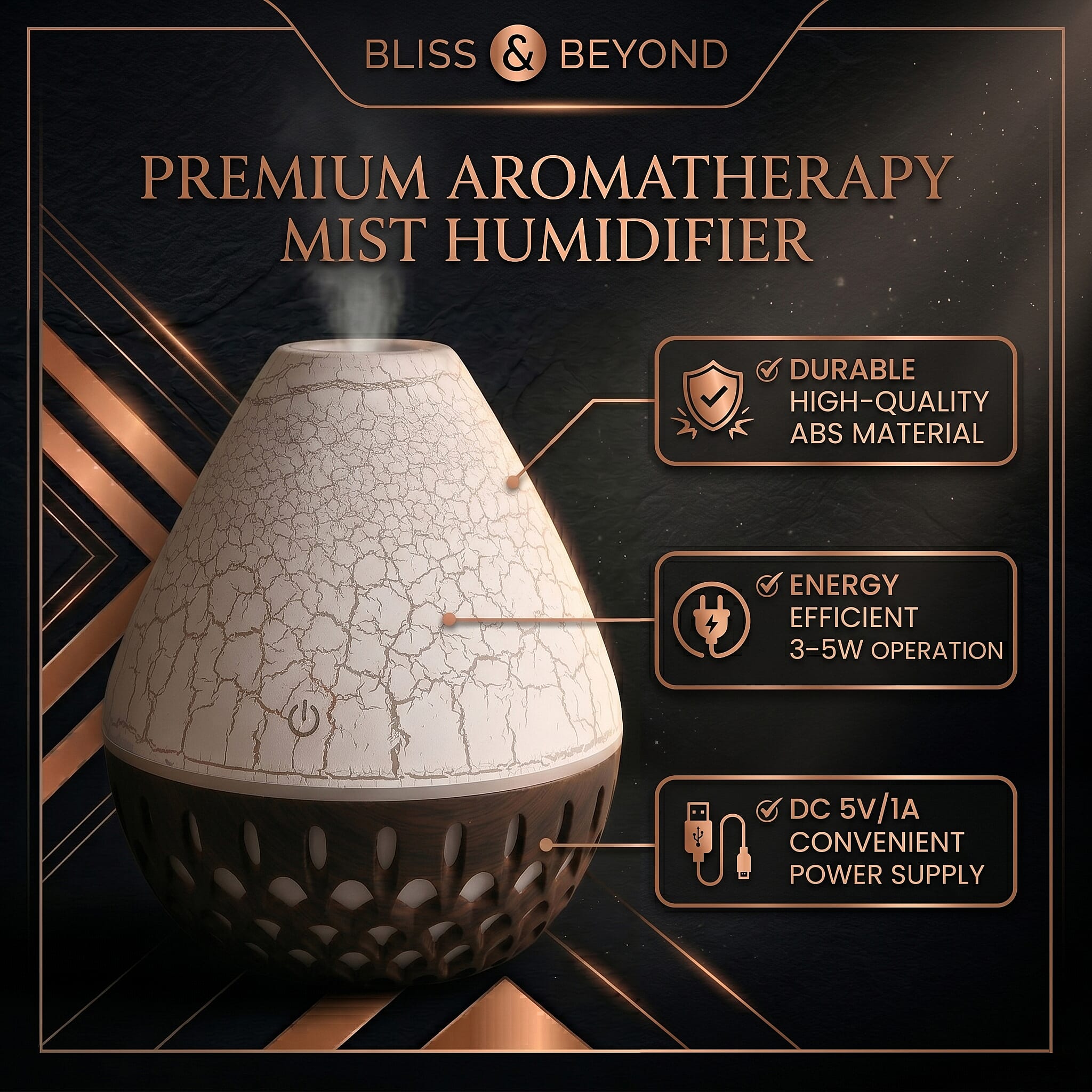 Ultrasonic Humidifier and 7 Essential Oils - Peppermint, Jasmine, Lemongrass, Eucalyptus, Rose, Lavender, Orange (200ml) - White - Light Dark Brown