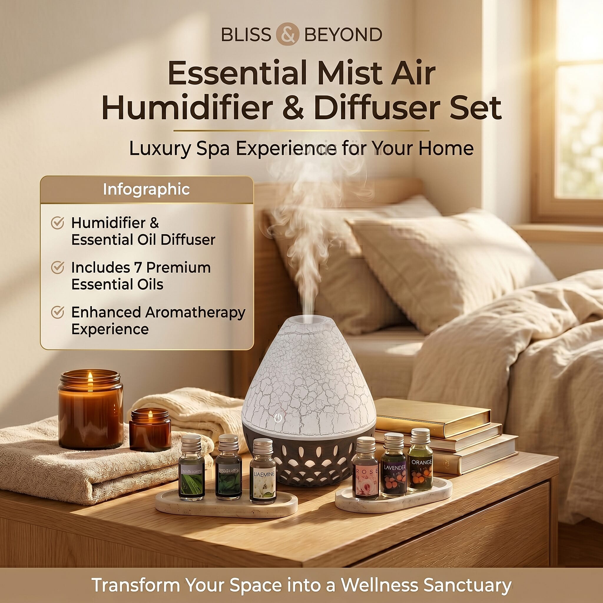 Ultrasonic Humidifier and 7 Essential Oils - Peppermint, Jasmine, Lemongrass, Eucalyptus, Rose, Lavender, Orange (200ml) - White - Light Dark Brown