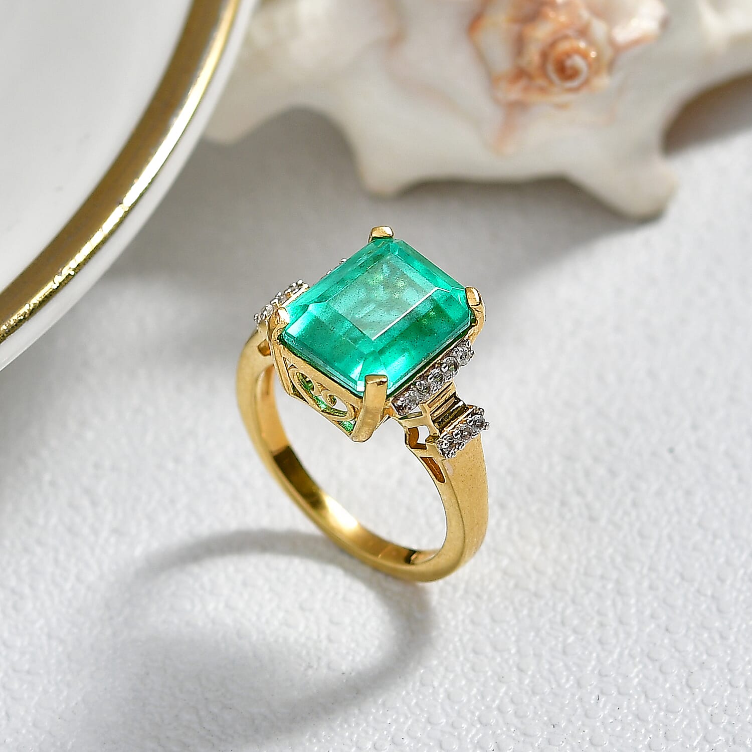 D'Joy Emeraldine Triplet Quartz & White Zircon Ring in 18K Vermeil Yellow Gold Plated Sterling Silver 5.55 Ct.