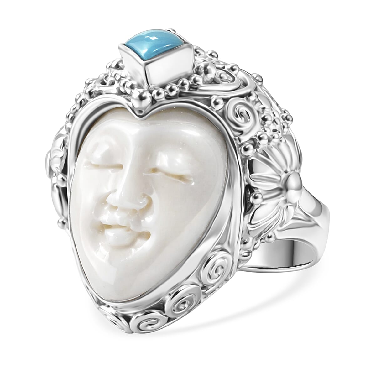 Royal Bali Collection - D'Joy Ox Bone & Sleeping Beauty Turquoise Sterling Silver Ring 1.48 Ct, Silver Wt. 12.24 Gms