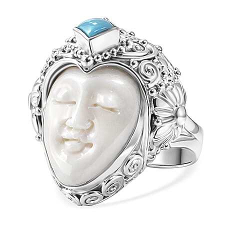 Royal Bali Collection - D'Joy Ox Bone & Sleeping Beauty Turquoise Sterling Silver Ring 1.48 Ct, Silver Wt. 12.24 Gms