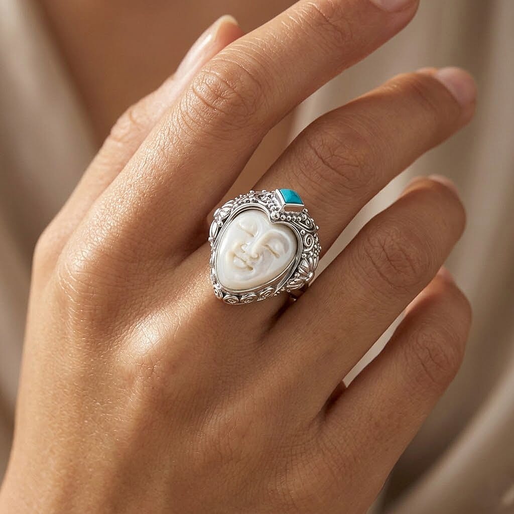 Royal Bali Collection - D'Joy Ox Bone & Sleeping Beauty Turquoise Sterling Silver Ring 1.48 Ct, Silver Wt. 12.24 Gms