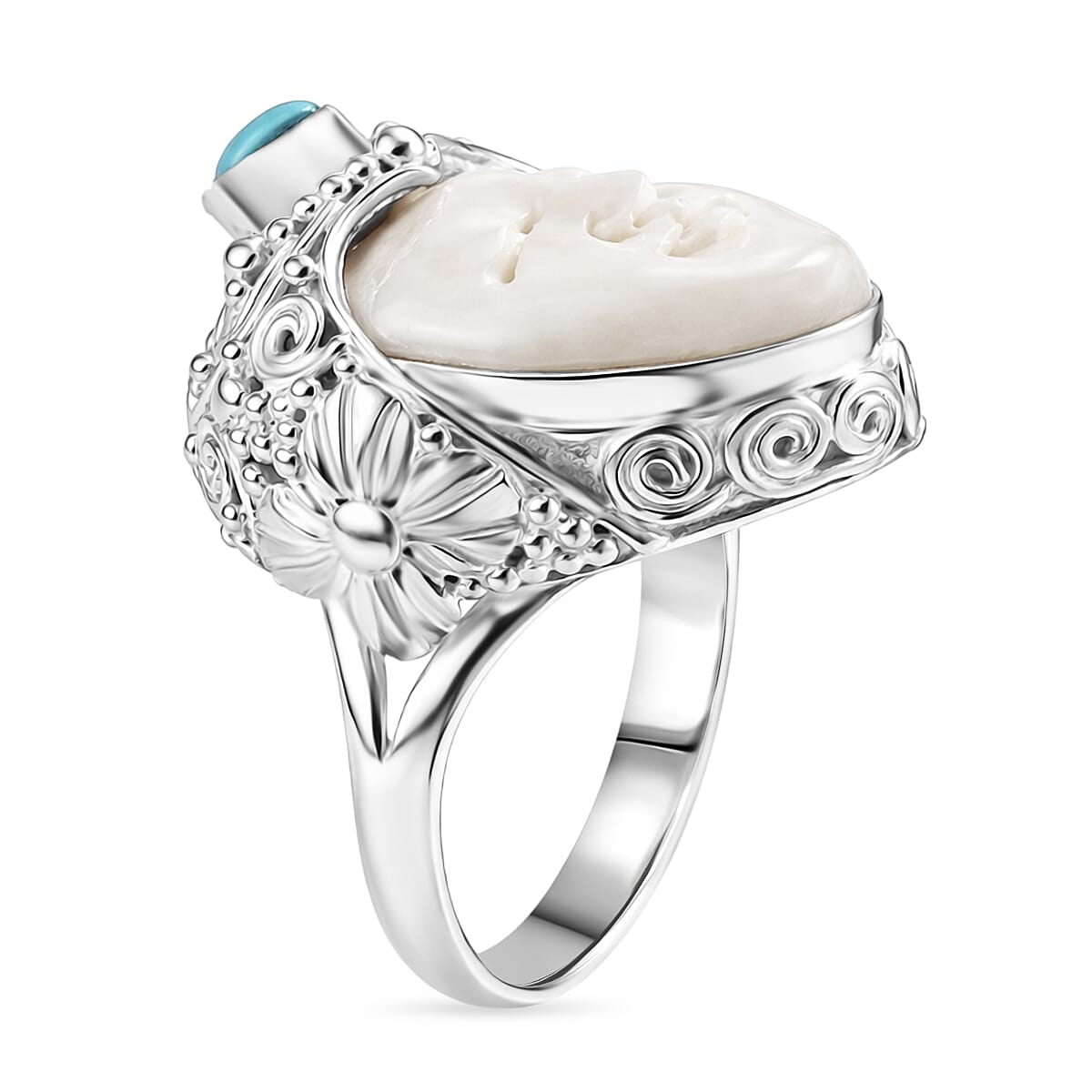 Royal Bali Collection - D'Joy Ox Bone & Sleeping Beauty Turquoise Sterling Silver Ring 1.48 Ct, Silver Wt. 12.24 Gms