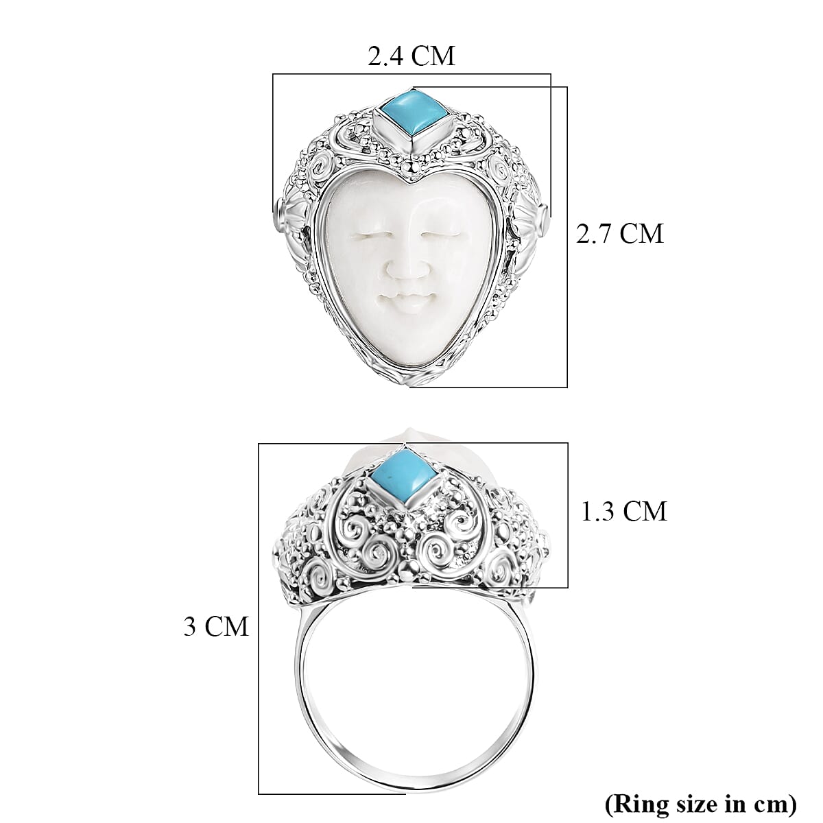 Royal Bali Collection - D'Joy Ox Bone & Sleeping Beauty Turquoise Sterling Silver Ring 1.48 Ct, Silver Wt. 12.24 Gms