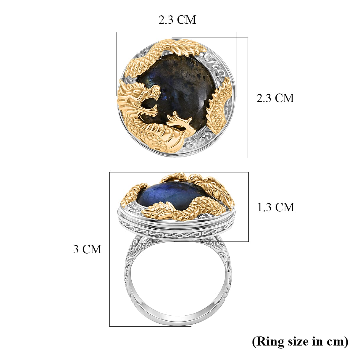 Royal Bali Collection - D'Joy Labradorite Dragon Ring in Yellow Gold Plated Sterling Silver 13.36 Ct, Silver Wt. 7.87 Gms