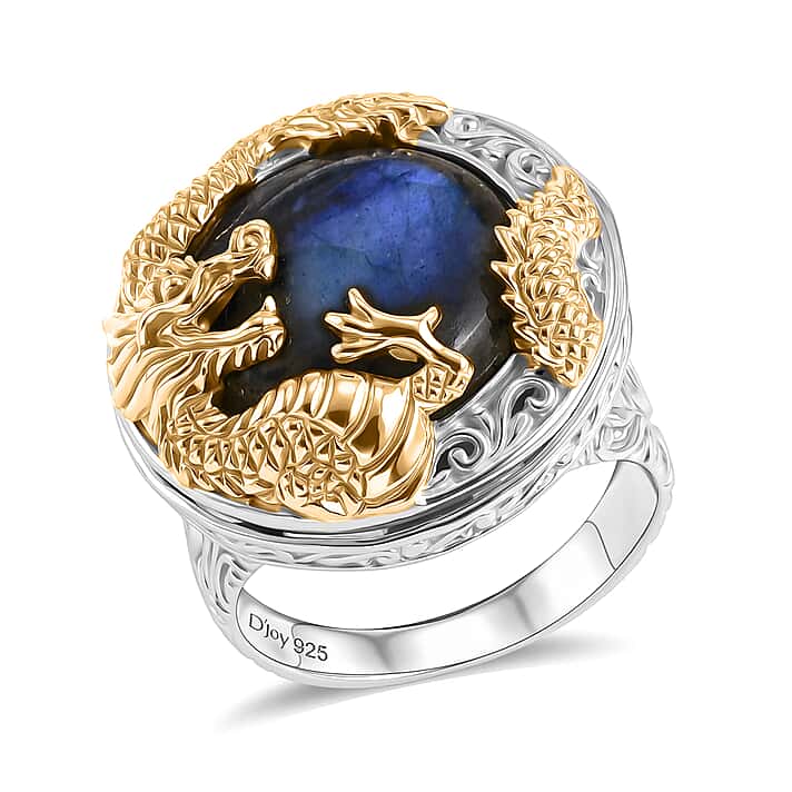 Royal Bali Collection - D'Joy Labradorite Dragon Ring in Yellow Gold Plated Sterling Silver 13.36 Ct