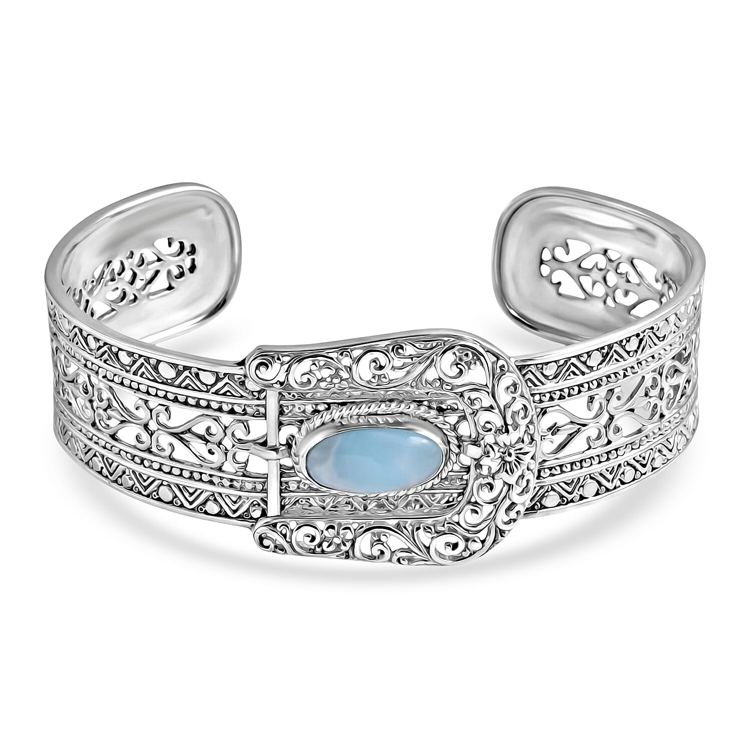 Royal Bali Collection - D'Joy Larimar Sterling Silver Cuff Bangle (Size - 7.5) 4.23 Ct, Silver Wt. 29.85 Gms