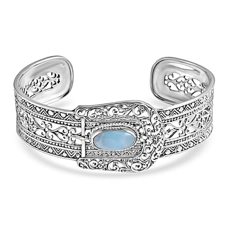 Royal Bali Collection - D'Joy Larimar Sterling Silver Cuff Bangle (Size - 7.5) 4.23 Ct, Silver Wt. 29.85 Gms