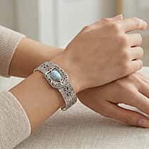 Royal Bali Collection - D'Joy Larimar Sterling Silver Cuff Bangle (Size - 7.5) 4.23 Ct, Silver Wt. 29.85 Gms