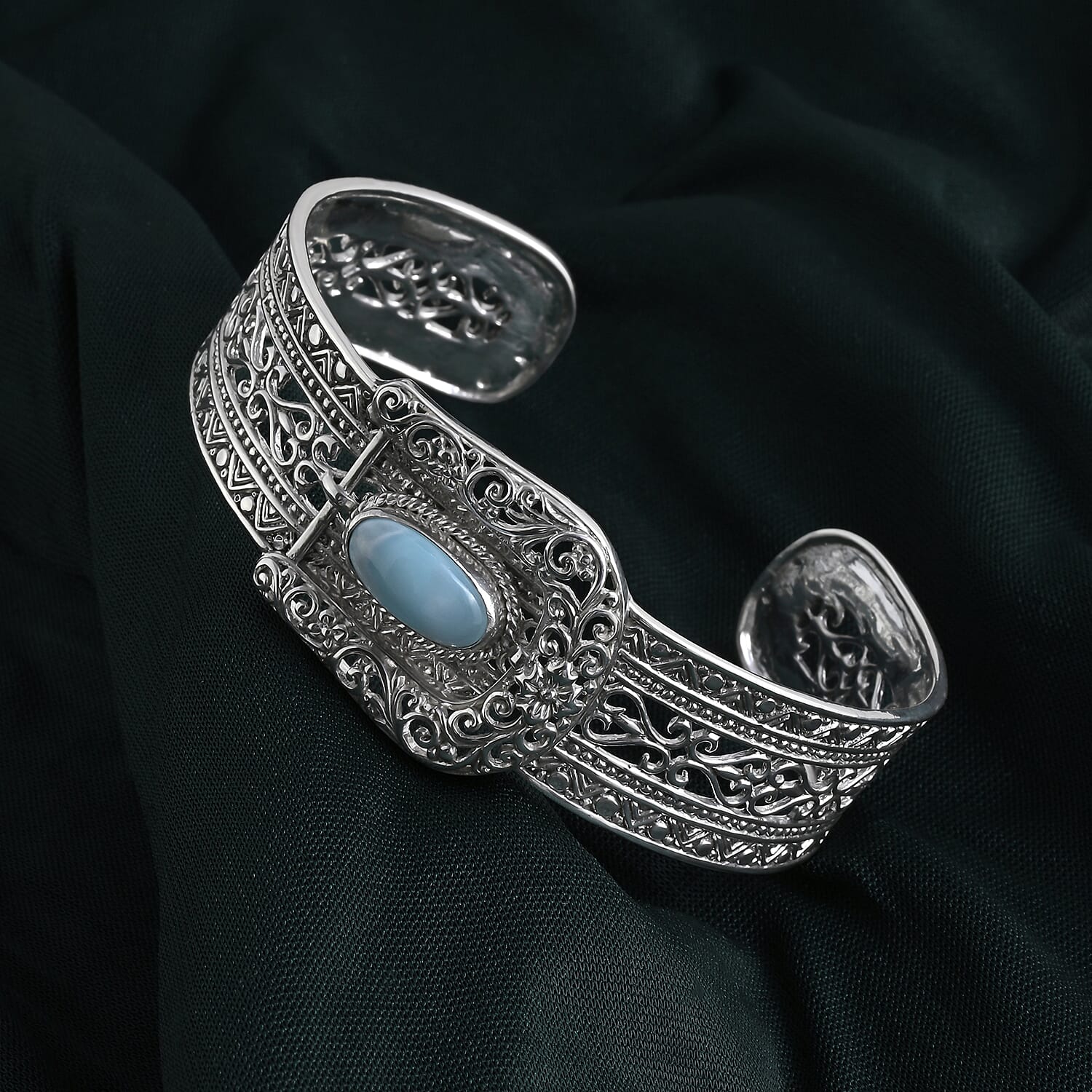 Royal Bali Collection - D'Joy Larimar Sterling Silver Cuff Bangle (Size - 7.5) 4.23 Ct, Silver Wt. 29.85 Gms