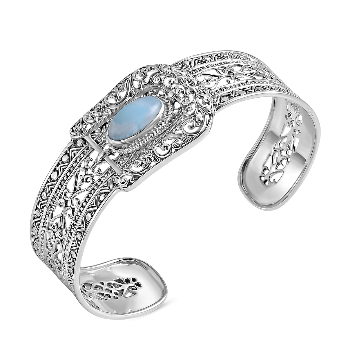 Royal Bali Collection - D'Joy Larimar Sterling Silver Cuff Bangle (Size - 7.5) 4.23 Ct, Silver Wt. 29.85 Gms