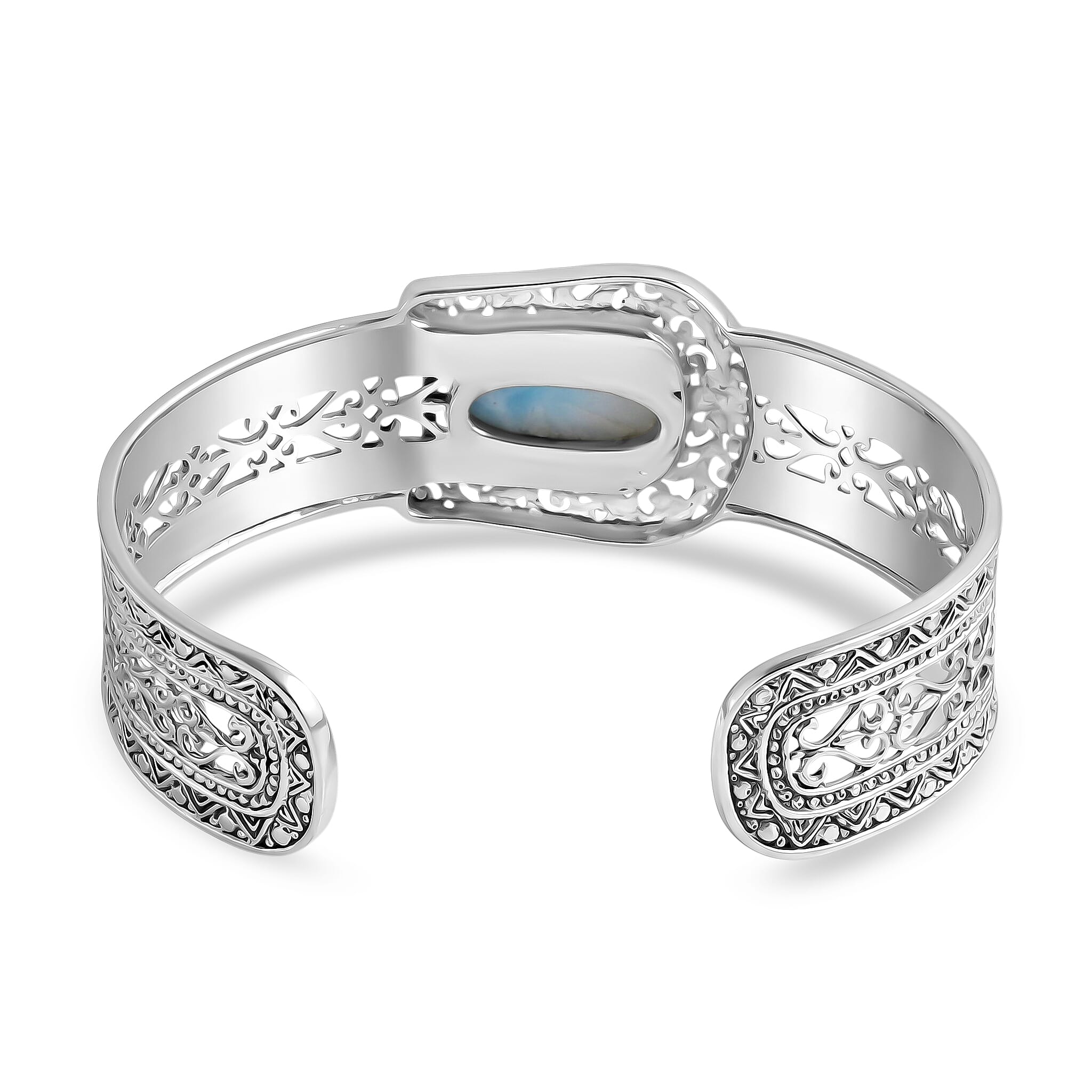 Royal Bali Collection - D'Joy Larimar Sterling Silver Cuff Bangle (Size - 7.5) 4.23 Ct, Silver Wt. 29.85 Gms