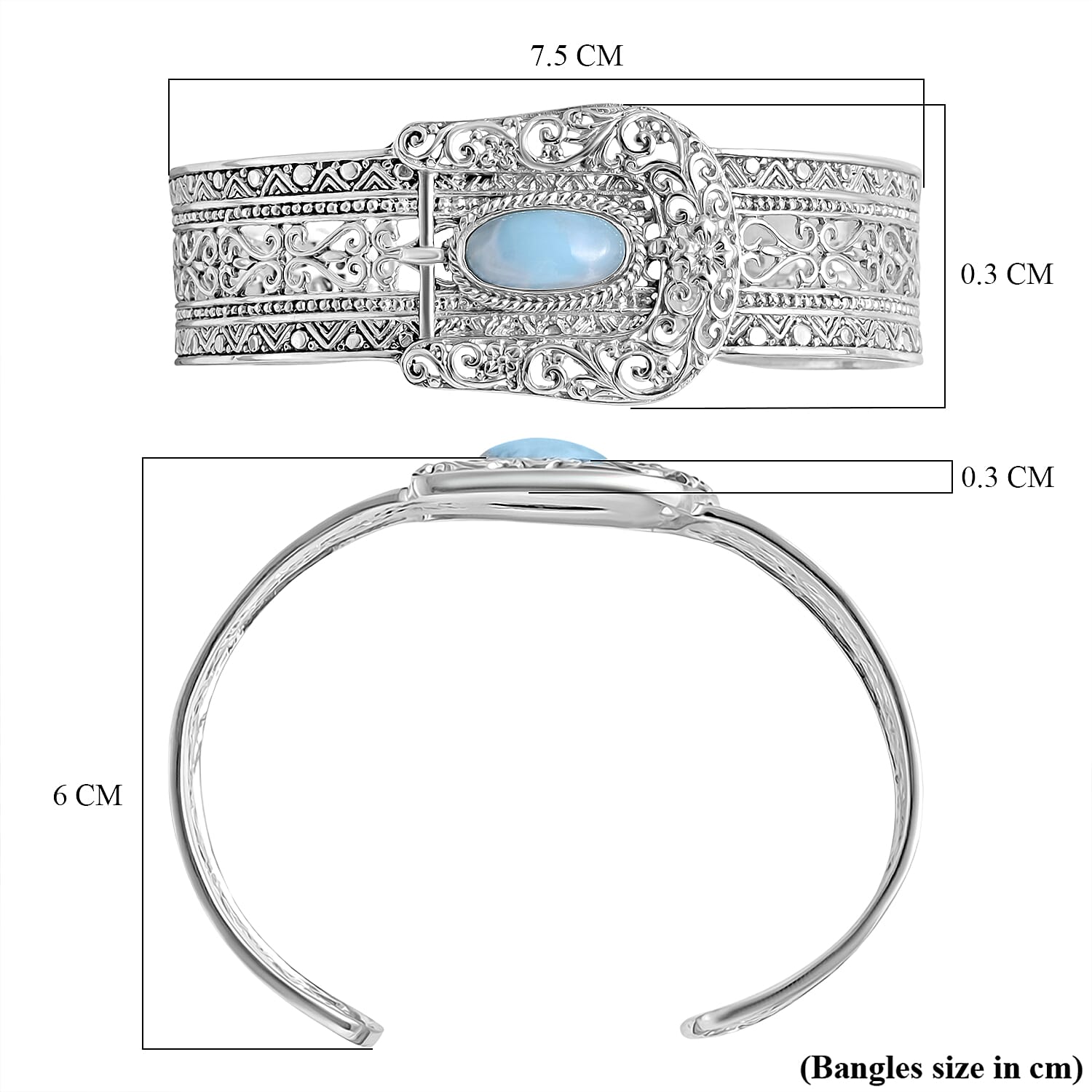 Royal Bali Collection - D'Joy Larimar Sterling Silver Cuff Bangle (Size - 7.5) 4.23 Ct, Silver Wt. 29.85 Gms