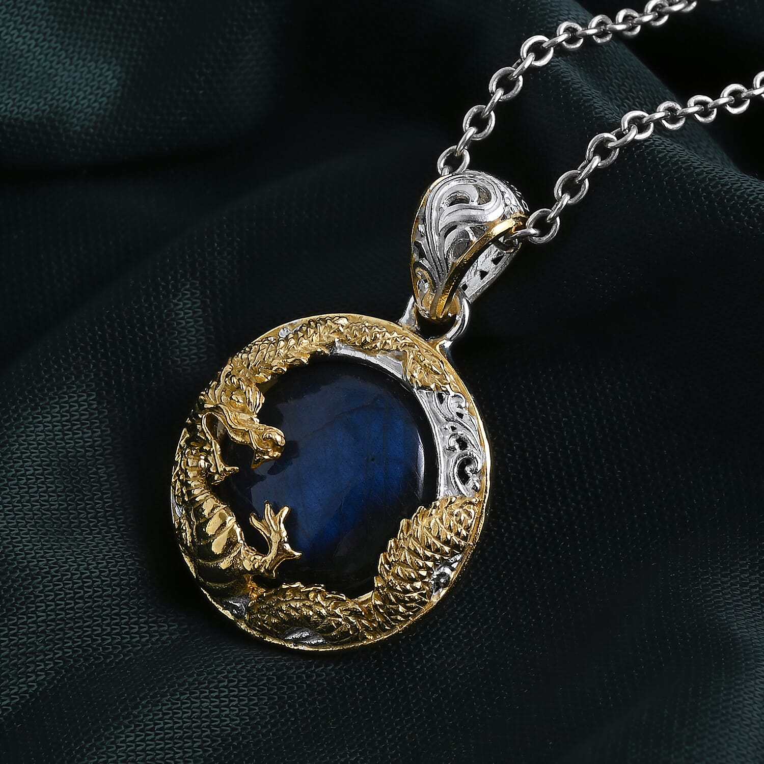 Royal Bali Collection - D'Joy Labradorite Dragon Pendant in Yellow Gold Plated Sterling Silver 18.16 Ct.