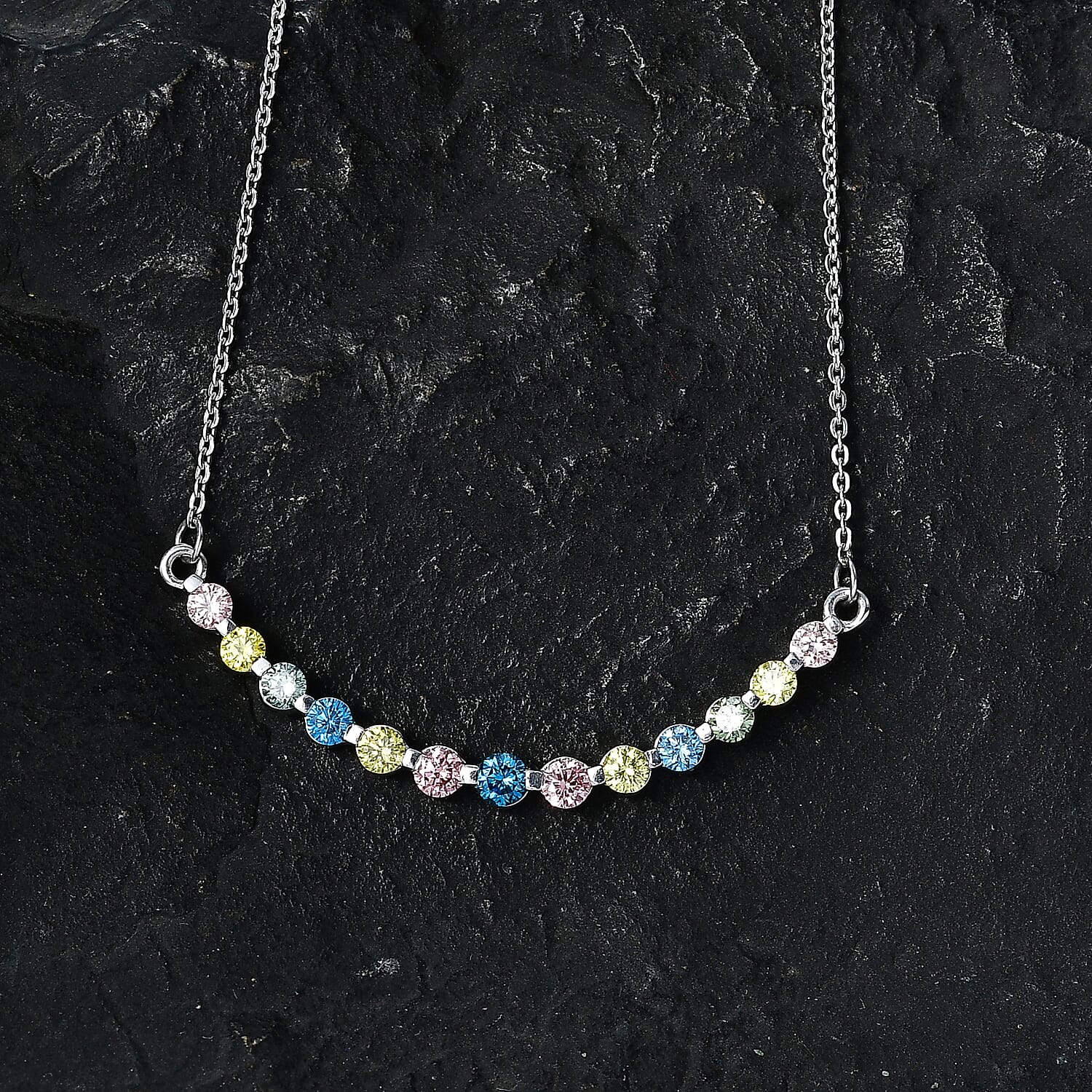 Luxuriant SI-G-H Lab Grown Multi Colour Diamond Necklace (Size - 20) in Rhodium Overlay Sterling Silver 0.96 Ct.