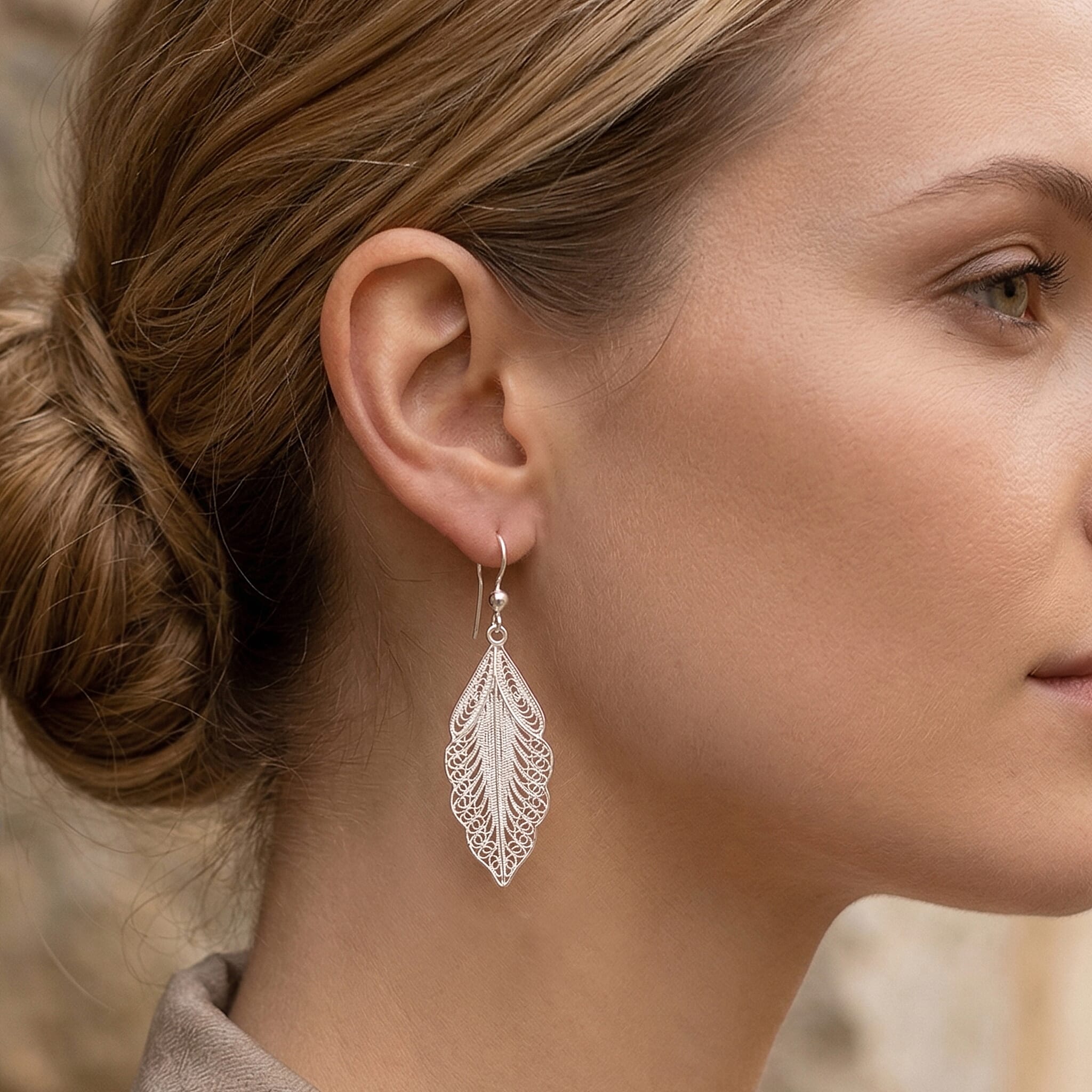 Royal Bali Collection - Sterling Silver Leaf Design Earring with Hook