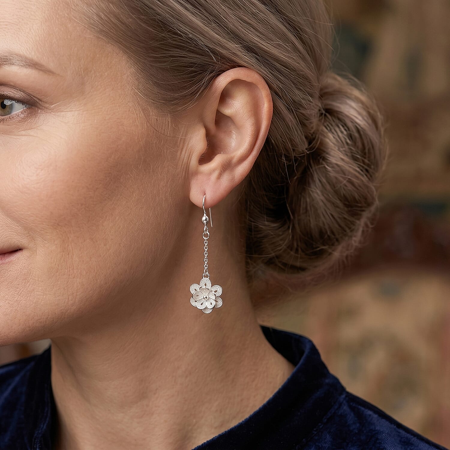 Royal Bali Collection - Sterling Silver Floral Drop Earring with Hook
