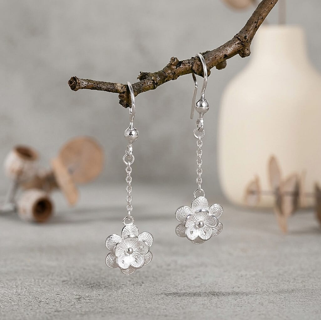 Royal Bali Collection - Sterling Silver Floral Drop Earring with Hook