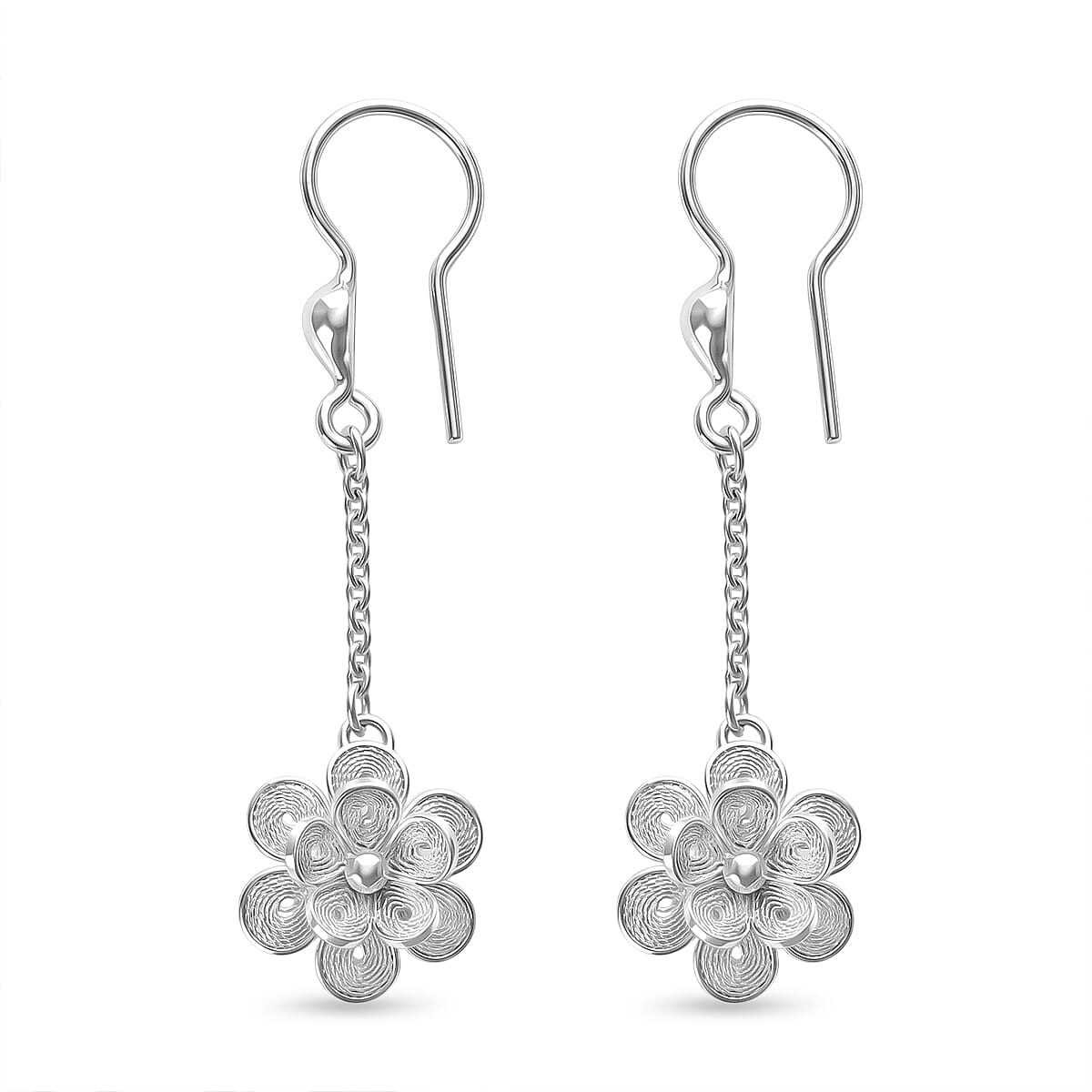 Royal Bali Collection - Sterling Silver Floral Drop Earring with Hook