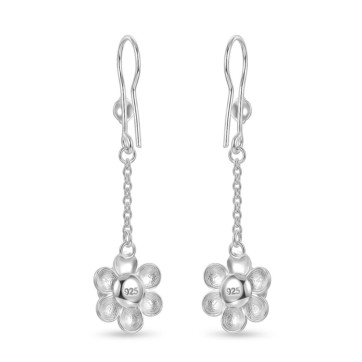 Royal Bali Collection - Sterling Silver Floral Drop Earring with Hook