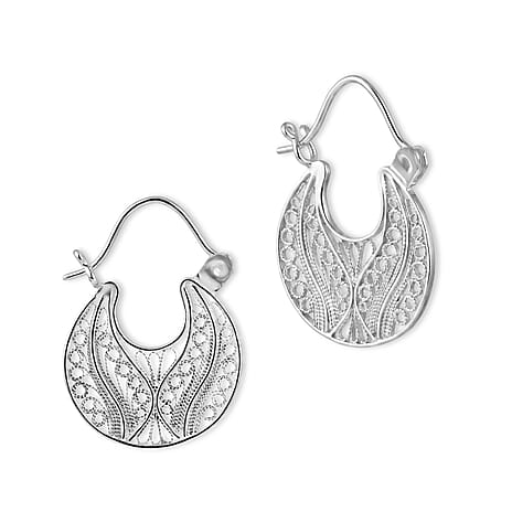 Royal Bali Collection - Sterling Silver Filigree Hoop Earring with Clasp