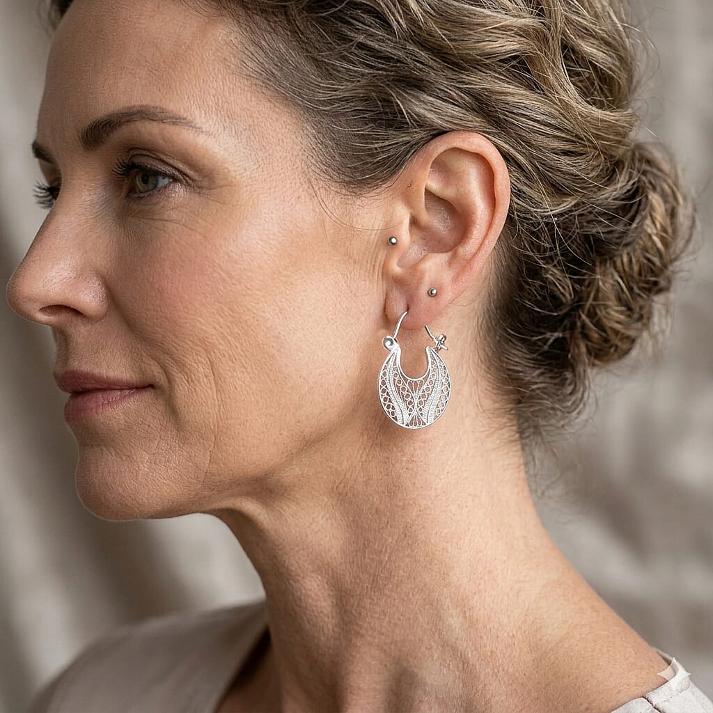 Royal Bali Collection - Sterling Silver Filigree Hoop Earring with Clasp