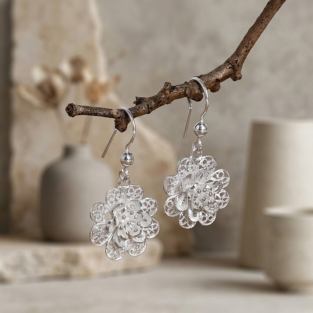 Royal Bali Collection - Sterling Silver Floral Earring with Hook