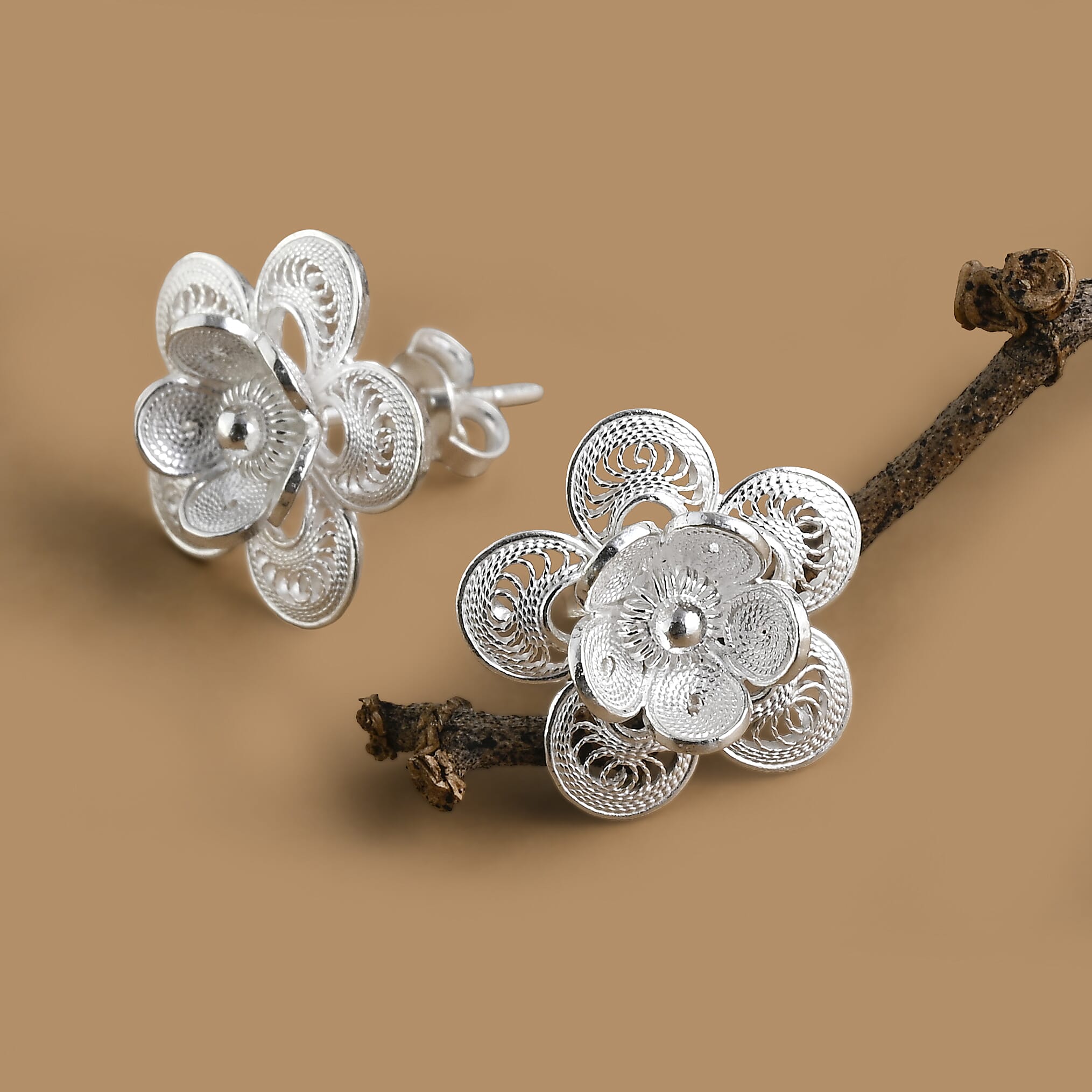 Royal Bali Collection - Sterling Silver Floral Stud Push Back Earring