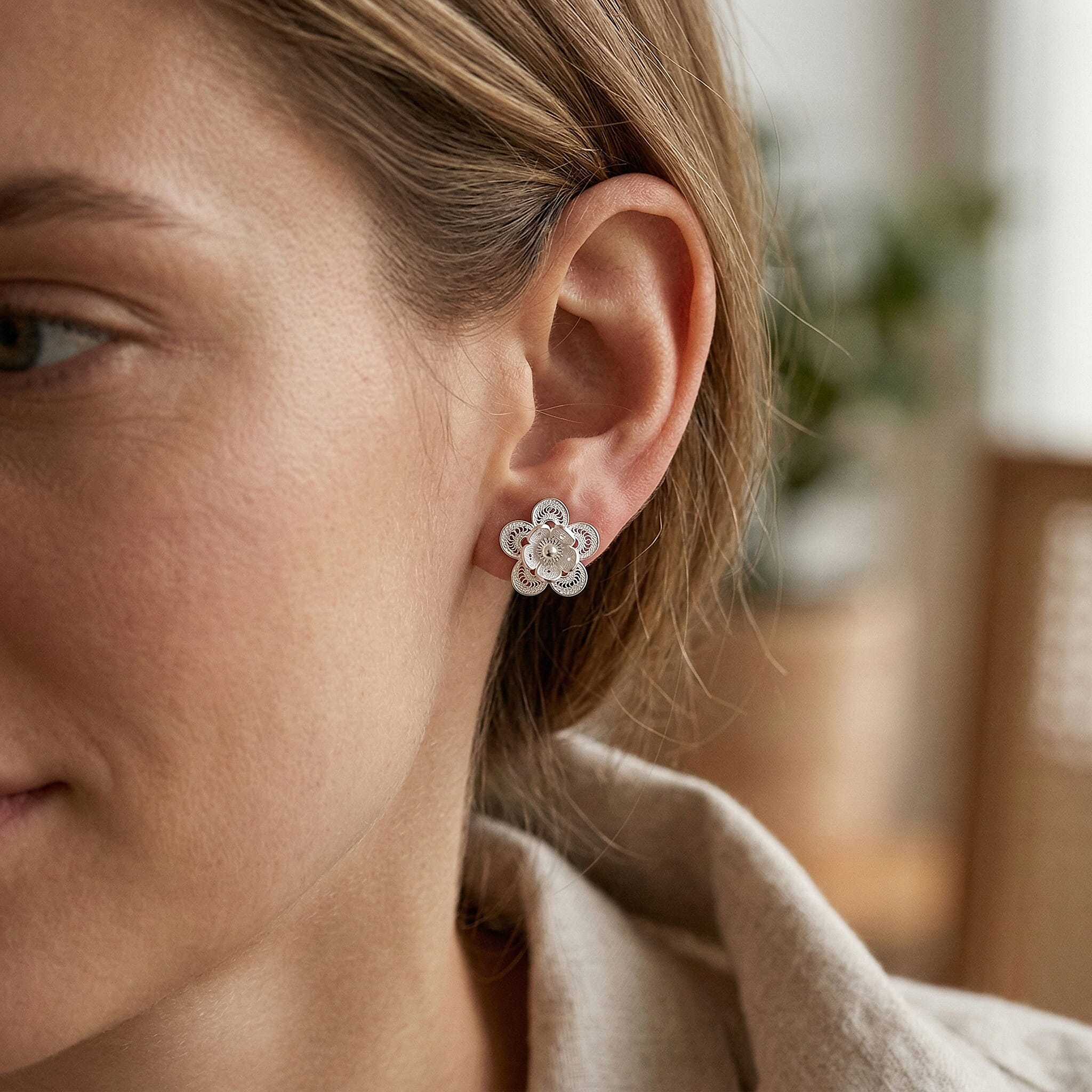 Royal Bali Collection - Sterling Silver Floral Stud Push Back Earring