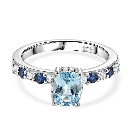 Royal Bali Collection - D'Joy Aquamarine, Blue Sapphire & White Zircon Solitaire Ring in Rhodium Overlay Sterling Silver 1.40 Ct.
