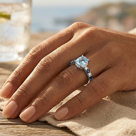 Royal Bali Collection - D'Joy Aquamarine, Blue Sapphire & White Zircon Solitaire Ring in Rhodium Overlay Sterling Silver 1.40 Ct.