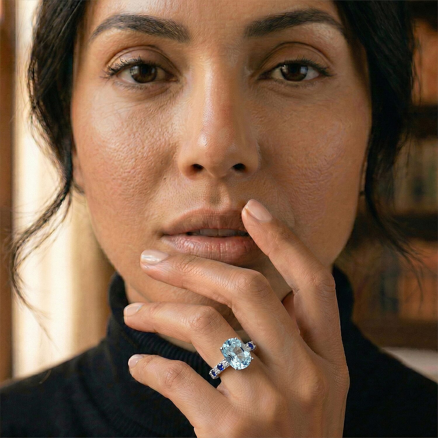 Royal Bali Collection - D'Joy Aquamarine, Blue Sapphire & White Zircon Solitaire Ring in Rhodium Overlay Sterling Silver 1.40 Ct.