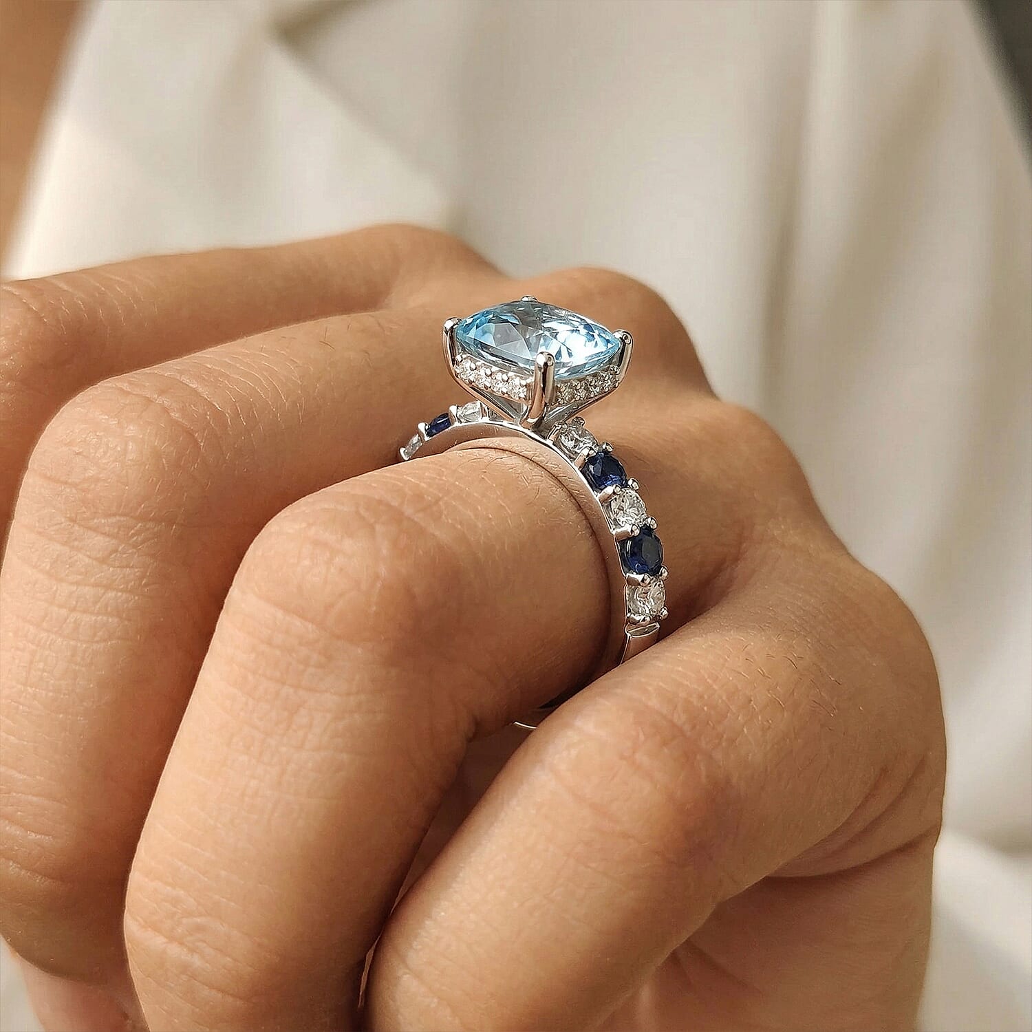 Royal Bali Collection - D'Joy Aquamarine, Blue Sapphire & White Zircon Solitaire Ring in Rhodium Overlay Sterling Silver 1.40 Ct.