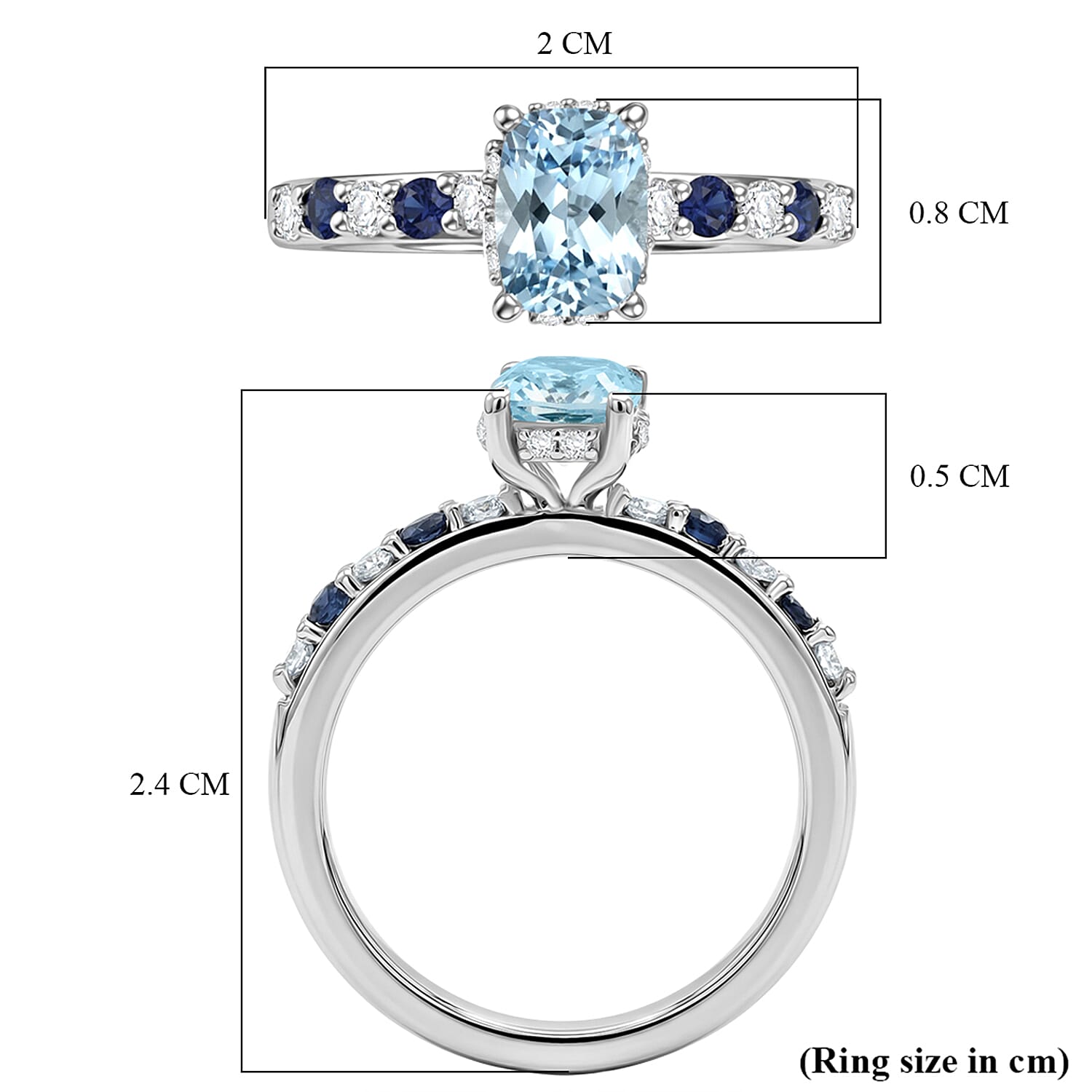 Royal Bali Collection - D'Joy Aquamarine, Blue Sapphire & White Zircon Solitaire Ring in Rhodium Overlay Sterling Silver 1.40 Ct.