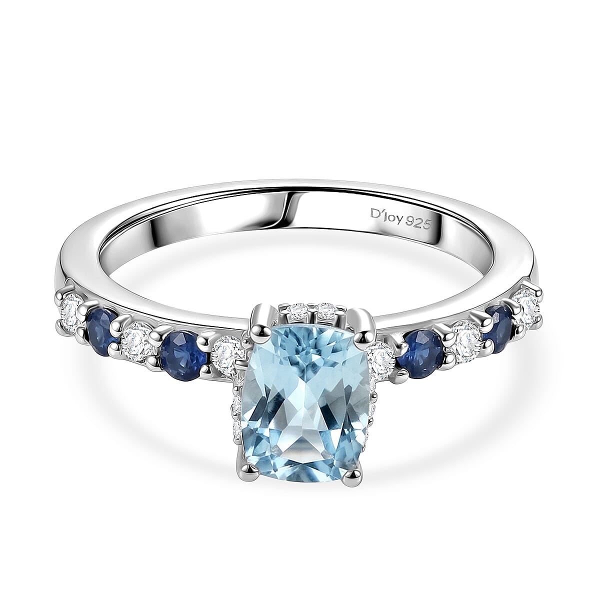Royal Bali Collection - D'Joy Aquamarine, Blue Sapphire & White Zircon Solitaire Ring in Rhodium Overlay Sterling Silver 1.40 Ct.