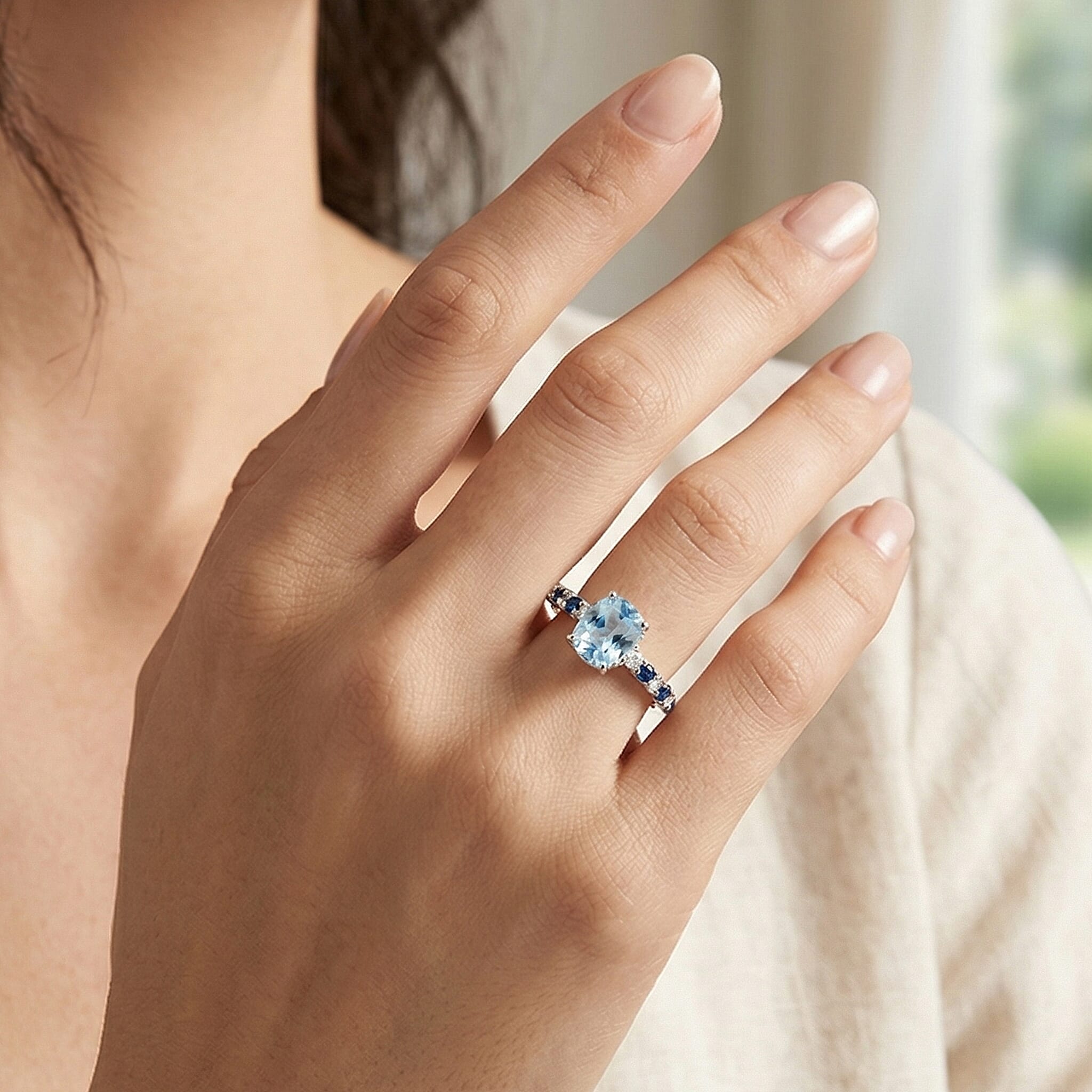 Royal Bali Collection - D'Joy Aquamarine, Blue Sapphire & White Zircon Solitaire Ring in Rhodium Overlay Sterling Silver 1.40 Ct.